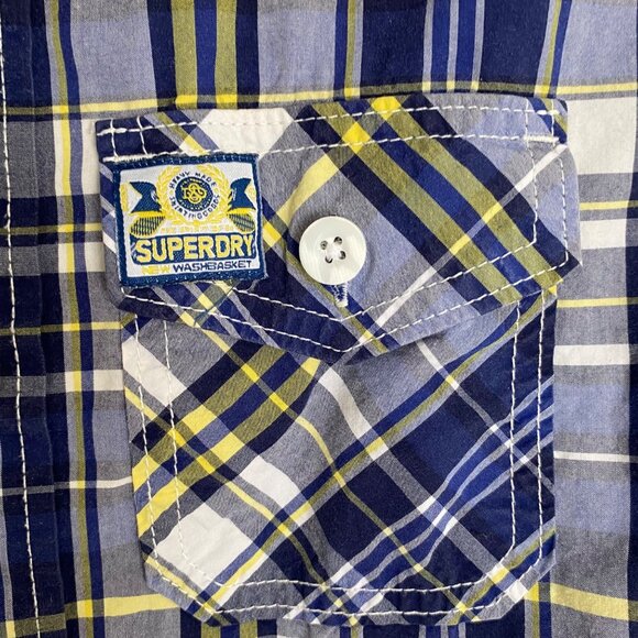 Superdry Mens Short Sleeve Plaid Button-Up Shirt Medium Cotton Blend Blue/Yellow - Picture 3 of 11